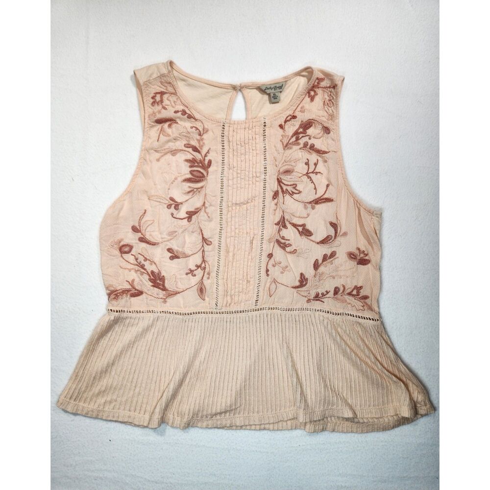 Lucky Brand Embroidered Peplum Tank Top Blush Pink Boho Pintuck Sleeveless XL